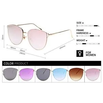 U.I STATION Oversized Mirrored Sunglasses for Women, Cat Eye Sunglasses, Rimless Sunglasses with Sunglasses Case (pink), Large