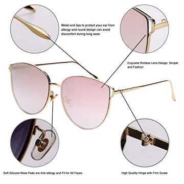 U.I STATION Oversized Mirrored Sunglasses for Women, Cat Eye Sunglasses, Rimless Sunglasses with Sunglasses Case (pink), Large