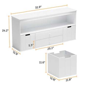 Timy 51.9" Toy Storage Organizer with 2 Drawers, Wooden Toy Organizer Bins, Kids Bookshelf for Reading, Storing, Playing, White