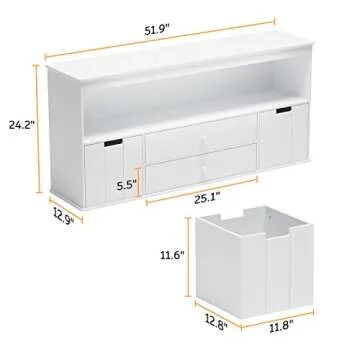 Timy 51.9" Toy Storage Organizer with 2 Drawers, Wooden Toy Organizer Bins, Kids Bookshelf for Reading, Storing, Playing, White