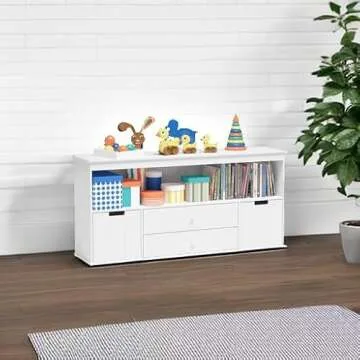 Timy 51.9" Toy Storage Organizer with 2 Drawers, Wooden Toy Organizer Bins, Kids Bookshelf for Reading, Storing, Playing, White