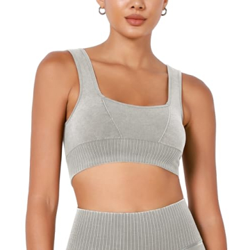 ODODOS Seamless Square Neck Sports Bra for Women Ribbed Crop Tank Casual Low Back Cropped Tops, Stone Washing Grey, X-Small/Small