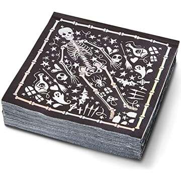 Spooky Central 50 Pack Skeleton Coffin Halloween Paper Napkins, Halloween Party Supplies, Disposable, Bulk, 3-Ply Cocktail Napkins for Skull-Themed Parties and Events, Absorbent and Soft (6.5 In)