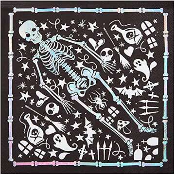 Spooky Central 50 Pack Skeleton Coffin Halloween Paper Napkins, Halloween Party Supplies, Disposable, Bulk, 3-Ply Cocktail Napkins for Skull-Themed Parties and Events, Absorbent and Soft (6.5 In)