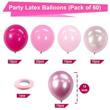 Bezente Pink Balloons Set,60pcs 12 inch Metallic Pearl Pink, Hot & Pastel Pink Latex Balloons Kit fo...