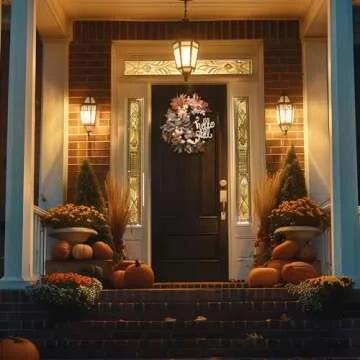 Valery Madelyn 22" Collapsible Fall Wreaths for Front Door, Farmhouse Thanksgiving Door Wreath with Lights for Harvest Autumn Decor, White Pumpkin Wreath with Bow for Indoor Window Halloween Decor