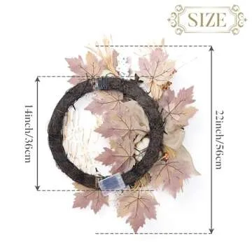 Valery Madelyn 22" Collapsible Fall Wreaths for Front Door, Farmhouse Thanksgiving Door Wreath with Lights for Harvest Autumn Decor, White Pumpkin Wreath with Bow for Indoor Window Halloween Decor