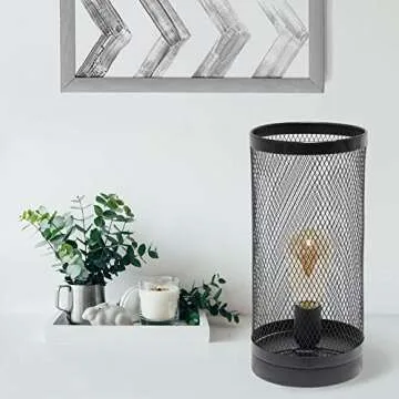 Simple Designs LT1075-BLK Black Mesh Cylindrical Steel Table Lamp