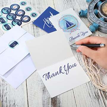 Hotop 24 Sets Cruise Thank You Cards for Ship Crew, Blank Inside Nautical Appreciation Note Cards Set with Envelopes and Stickers