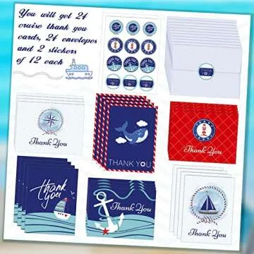Hotop 24 Sets Cruise Thank You Cards for Ship Crew, Blank Inside Nautical Appreciation Note Cards Set with Envelopes and Stickers