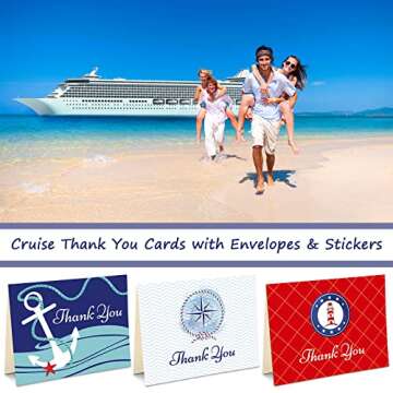 Hotop 24 Sets Cruise Thank You Cards for Ship Crew, Blank Inside Nautical Appreciation Note Cards Set with Envelopes and Stickers