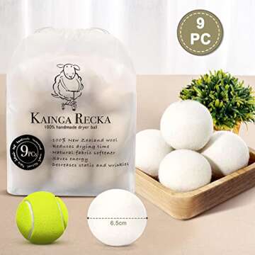 Kainga Recka Wool Dryer Balls, 9-Pack Organic Dryer Balls, 100% New Zealand Wool Handmade Chemical-Free Eco Dryer Balls - Laundry Reusable, Anti Static Reduces Clothes Wrinkles & Shorten Drying Time