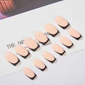 Foccna Black Press on Nails Medium Long French Fake Nails Square Acrylic False Nails,Artificial Glossy Nude Nails for Women and Girls- 24 pcs
