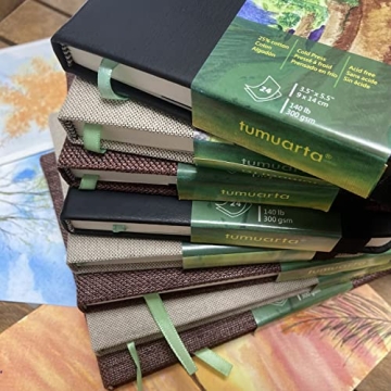 tumuarta Watercolor Journal, 3.5x5.5”, 140 LB, 300 GSM, Cotton Paper, Cold Press, 24 Sheets, 48 Pages, Watercolor Paper Sketchbooks for Use As Travel Notebook Mixed Media Pad On The Go