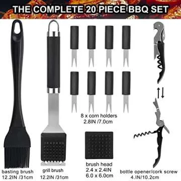 grilljoy 20PCS Heavy Duty BBQ Grill Tools Set - Extra Thick Stainless Steel Spatula, Fork& Tongs - Complete Barbecue Accessories Kit in Aluminum Storage Case - Perfect Grill Gifts for Men