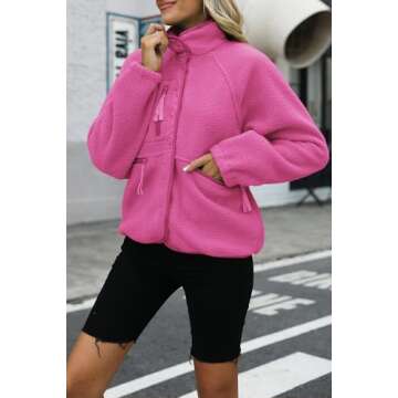 Nirovien Womens Fuzzy Fleece Jacket Button Down Sherpa Coats Casual Winter Warm Outwear with Pockets(Hot Pink,L)
