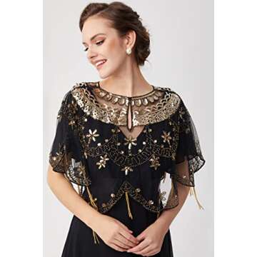 BABEYOND Sequin Beaded Evening Cape 1920s Fringed Shawl Wraps Wedding Bridal Shawl Scarf (Black Gold...