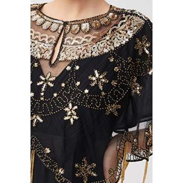 BABEYOND Sequin Beaded Evening Cape 1920s Fringed Shawl Wraps Wedding Bridal Shawl Scarf (Black Gold)