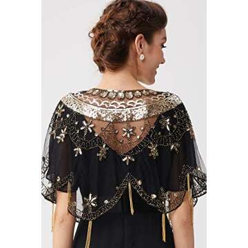 BABEYOND Sequin Beaded Evening Cape 1920s Fringed Shawl Wraps Wedding Bridal Shawl Scarf (Black Gold)