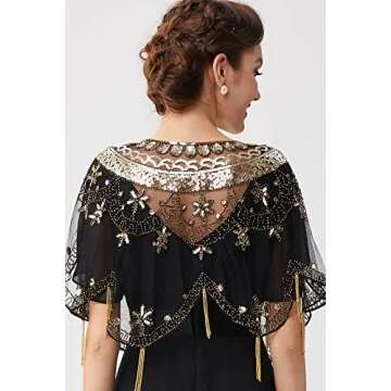 BABEYOND Sequin Beaded Evening Cape 1920s Fringed Shawl Wraps Wedding Bridal Shawl Scarf (Black Gold)