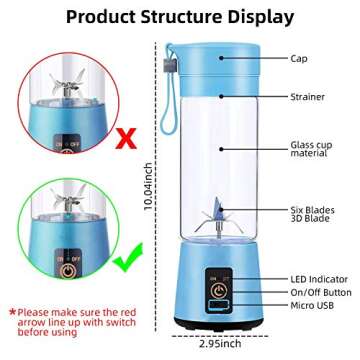 Portable Blender, Personal Size Blender USB Rechargeable with 6 Blades for Juice Crushed Ice Smoothi...