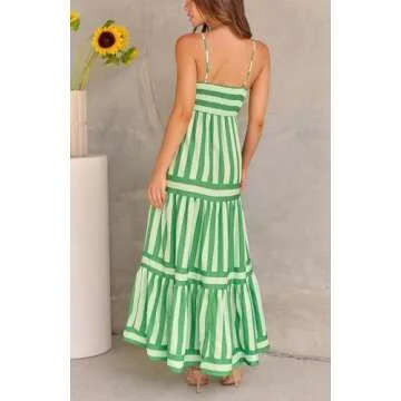 chouyatou Women Spaghetti Strap Back Smocked Maxi Striped Dress Summer Casual Floral Flowy Beach Sun...