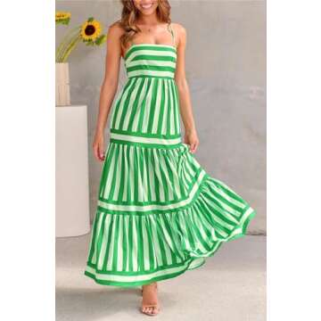 chouyatou Women Spaghetti Strap Back Smocked Maxi Striped Dress Summer Casual Floral Flowy Beach Sun Dress (Small, Green)