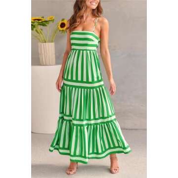 chouyatou Women Spaghetti Strap Back Smocked Maxi Striped Dress Summer Casual Floral Flowy Beach Sun Dress (Small, Green)