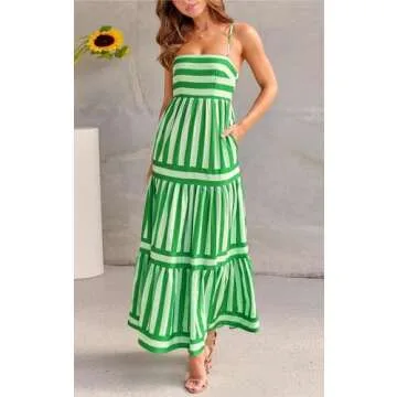 chouyatou Women Spaghetti Strap Back Smocked Maxi Striped Dress Summer Casual Floral Flowy Beach Sun Dress (Small, Green)
