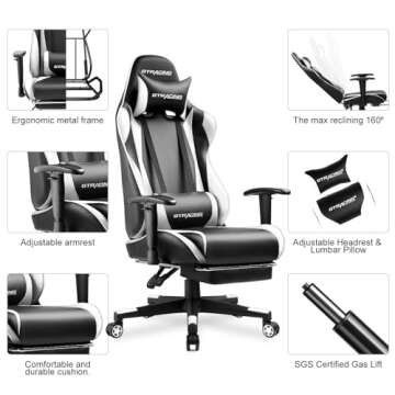 GTRACING Gaming Chair with Footrest, Ergonomic Computer Game Desk Chair, Reclining Gamer Chair Seat Height Adjustment, Swivel Rocker with Headrest and Lumbar (White)