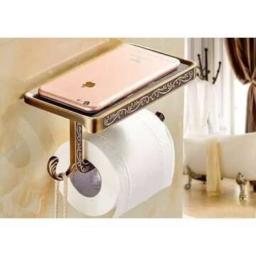 Vintage Toilet Paper Holder with Shelf, Toilet Paper Holder Bathroom Tissue Holder Paper Roll, Aluminum Toilet Paper Holder Wall Mount （ Aluminum Bronzy）