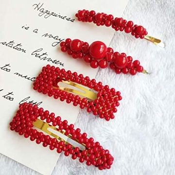 Tzoxal 4PCS Handmade Fashion Red Artificial Pearl Gold BB Barrettes, Sweet Hair Clips Pins for Weddi...