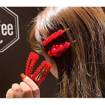 Tzoxal 4PCS Handmade Red Pearl Gold Hair Clips for Women