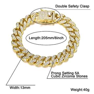 FEEL STYLE Iced Out Cuban Bracelet 8.5 inch Bling Zirconia Cuban Miami Chain Bangle Jewelry for Men Women Hip Hop Bracelets Jewelry