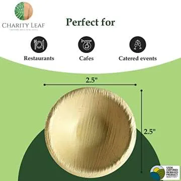 Charity Leaf Disposable Palm Leaf 2.5" Round Mini Bowl (25 pcs) Dipping Bowls | Bamboo Like| All Natural and Biodegradable | Charcuterie Boards, BBQs, and Parties