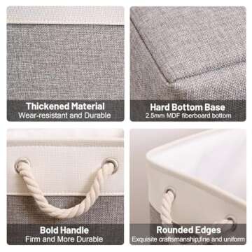 HOdo Home Fabric Storage Bin with Hard Bottom Base and 2 Bold Handles, Collapsible Large Canvas Storage Baskets for Organizing Shelf Nursery Home Closet (Grey&White, 15L×11W×9.5H - 3Pack)