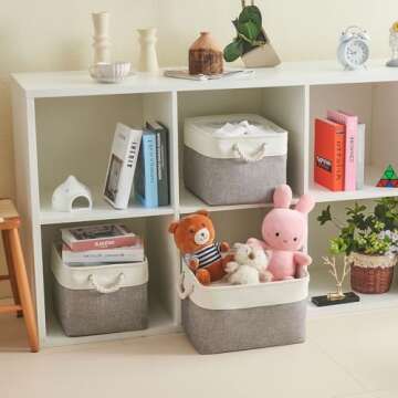 HOdo Home Fabric Storage Bin with Hard Bottom Base and 2 Bold Handles, Collapsible Large Canvas Storage Baskets for Organizing Shelf Nursery Home Closet (Grey&White, 15L×11W×9.5H - 3Pack)