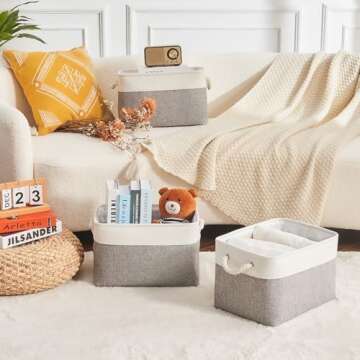 HOdo Home Fabric Storage Bin with Hard Bottom Base and 2 Bold Handles, Collapsible Large Canvas Storage Baskets for Organizing Shelf Nursery Home Closet (Grey&White, 15L×11W×9.5H - 3Pack)