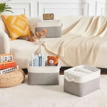 HOdo Home Fabric Storage Bin with Hard Bottom Base and 2 Bold Handles, Collapsible Large Canvas Storage Baskets for Organizing Shelf Nursery Home Closet (Grey&White, 15L×11W×9.5H - 3Pack)