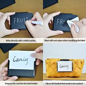 10 PCS Basket Labels Clip, PVC Kitchen Black Clip Label Holder Basket Bin Labels Clip with a Clear Protective Cover and a Pen for Pantry Organization and Storage Basket Label Holder(Gift 1x Mark Pen)