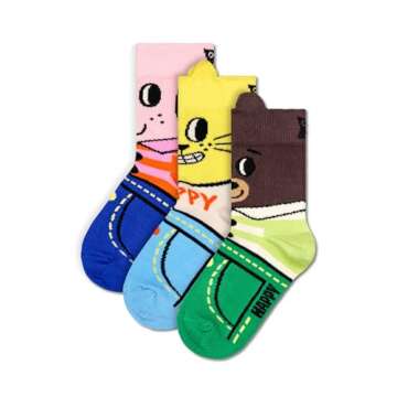 Happy Socks 3-Pack Animal Printed Crew Socks for Kids - Made with Organic Sustainable Cotton - Funny Cat and Dog Socks in a Gift Box - Size 7-9 Years