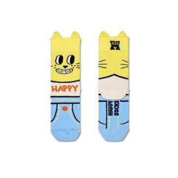 Happy Socks 3-Pack Animal Printed Crew Socks for Kids - Made with Organic Sustainable Cotton - Funny Cat and Dog Socks in a Gift Box - Size 7-9 Years