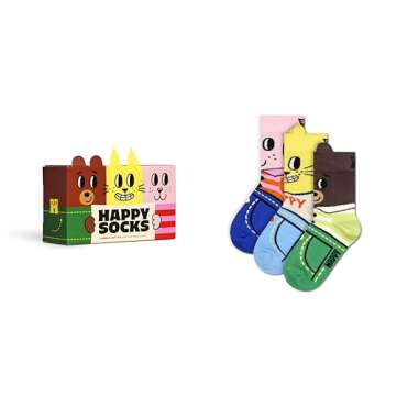 Happy Socks 3-Pack Animal Printed Crew Socks for Kids - Made with Organic Sustainable Cotton - Funny Cat and Dog Socks in a Gift Box - Size 7-9 Years