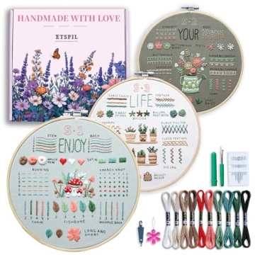 ETSPIL 3 Pack Beginner Embroidery Kits for Adults with 33 Stitch Techniques