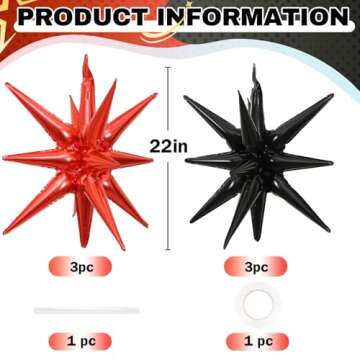 HILAVO 6PCS Black Red Star Balloons, 22Inch Large Explosion Star Balloon Foil Balloons Spike Balloon...