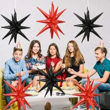 HILAVO 6PCS Black Red Star Balloons, 22Inch Large Explosion Star Balloon Foil Balloons Spike Balloons Star Cone Balloons for Birthday Anniversary New Year Halloween Vampire Casino Party Decorations