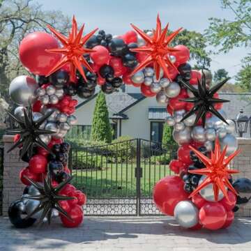 HILAVO 6PCS Black Red Star Balloons, 22Inch Large Explosion Star Balloon Foil Balloons Spike Balloons Star Cone Balloons for Birthday Anniversary New Year Halloween Vampire Casino Party Decorations