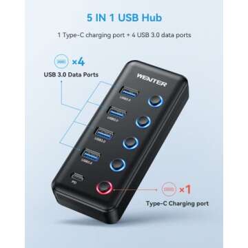 Powered USB 3.0 Hub, Wenter 5-Port USB Hub Splitter (4 Faster Data Transfer Ports+ 1 Type-C Charging...