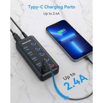 Powered USB 3.0 Hub, Wenter 5-Port USB Hub Splitter (4 Faster Data Transfer Ports+ 1 Type-C Charging Ports) with Individual LED On/Off Switches, USB Hub 3.0 Powered with Power Adapter for Mac, PC