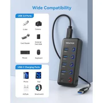 Powered USB 3.0 Hub, Wenter 5-Port USB Hub Splitter (4 Faster Data Transfer Ports+ 1 Type-C Charging Ports) with Individual LED On/Off Switches, USB Hub 3.0 Powered with Power Adapter for Mac, PC